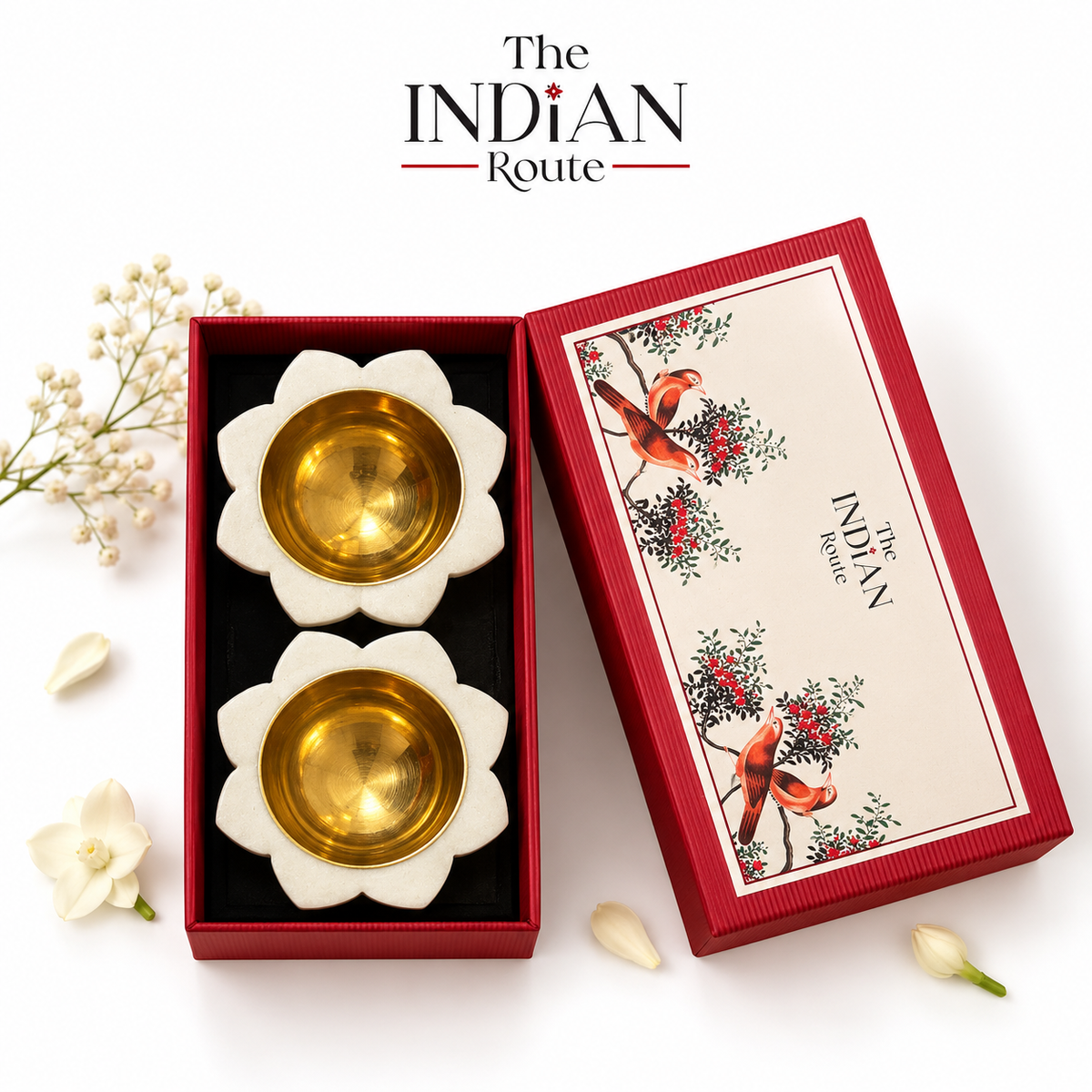 The Indian Route | Marble & Brass Diya Set