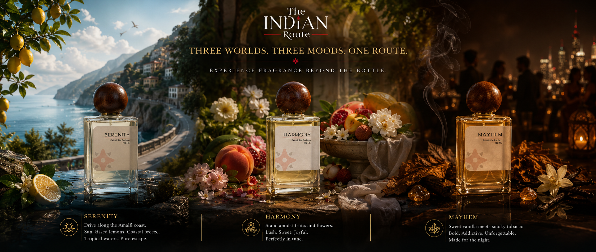 Promotional banner for 'The Indian Route' fragrance collection, showcasing three perfume bottles labeled 'Foreboding', 'Harmony', and 'Mournful' set against a richly detailed, atmospheric background of a coastal cliffside village at dusk.