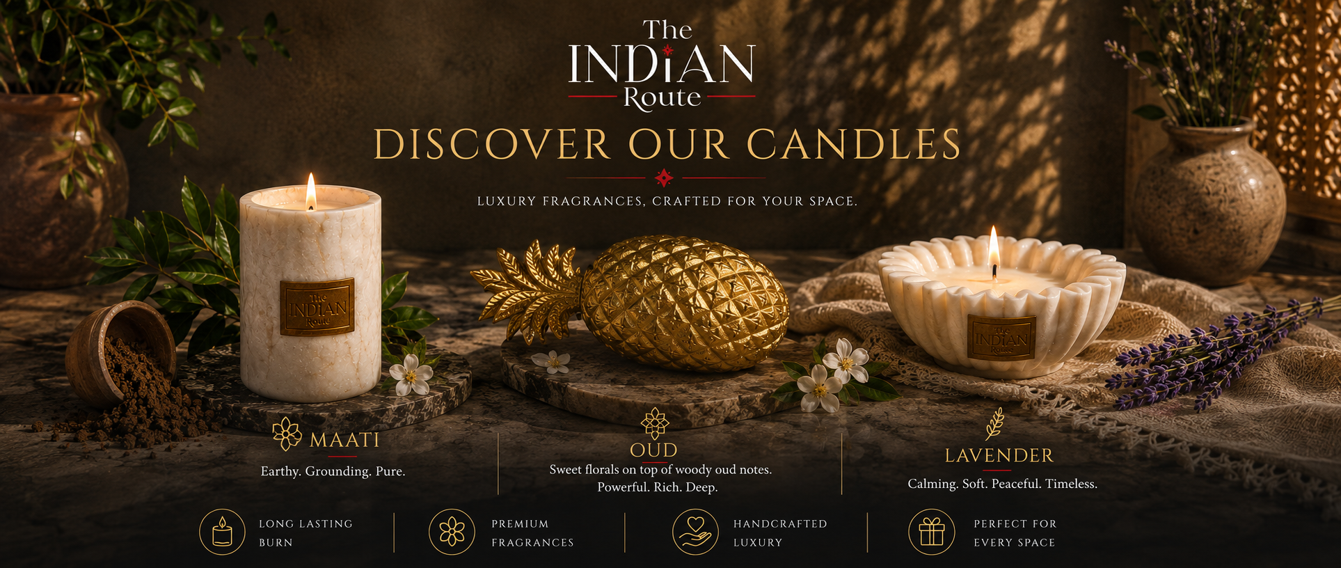 A styled product banner for 'The Indian Route' scented candles, featuring three lit candles in decorative holders (white pillar, gold bowl, cream scallop-shaped candle) alongside white flowers and a pineapple prop on a rustic fabric surface, with text labels for Maati, Pineapple, and Scallop.