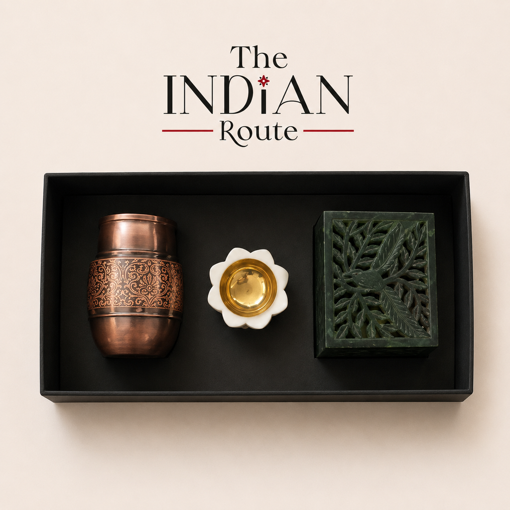 The Indian Route | The Copper & Attar Ritual - Copper Glass, Marble Tea-Light, Attar
