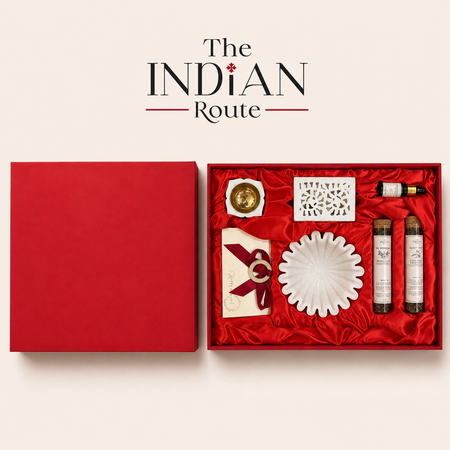 The Indian Route | The Ritual of Light Gift Box - Marble Urli, Oil, tea light,  Teas, Saffron,  and assortment